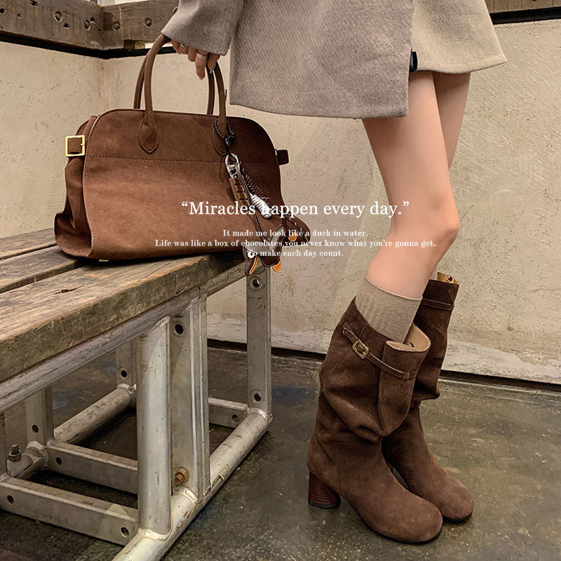 Karin Luna In Stock In Stock Mango Head Large Tube Belt Buckle Chunky Heel Long Boots
