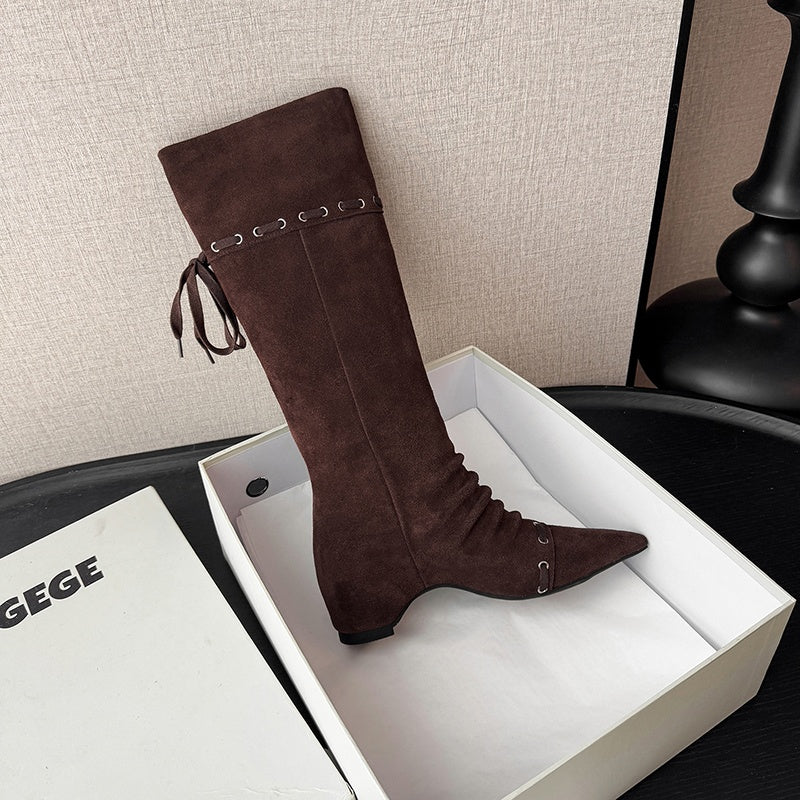 Karin Luna Elegant Style  Pointed Toe Pleated Hidden Wedge Western Boots