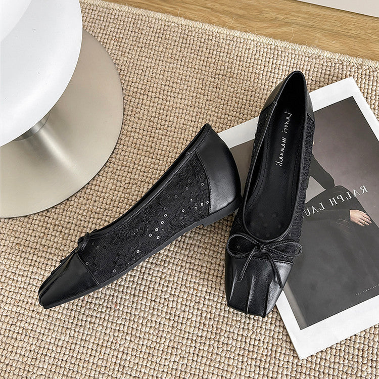 Karin Luna In Stock In Stock  Wrinkled Square Toe Patchwork Breathable Mesh Bow Granny Shoes