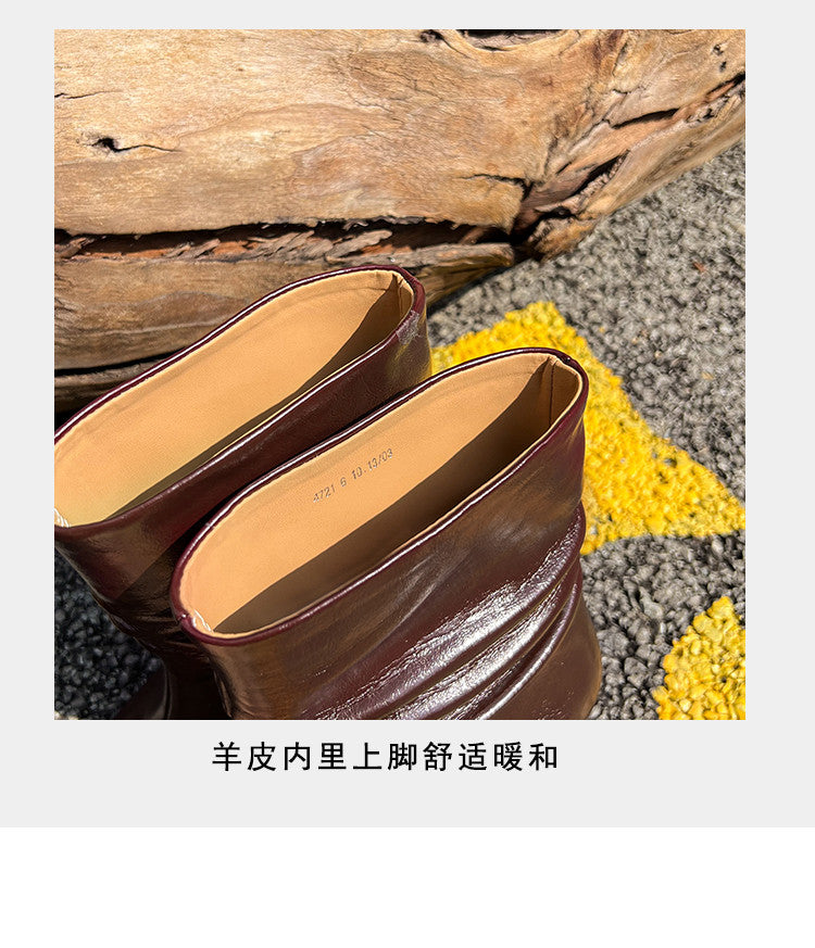 Karin Luna In Stock Spot Goods  Retro Wrinkled Small Square Toe Short Boots