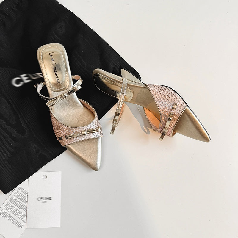 Karin Luna Fish Skin Series~Pointed Toe Irregular Heel Bowknot Strap Slippers