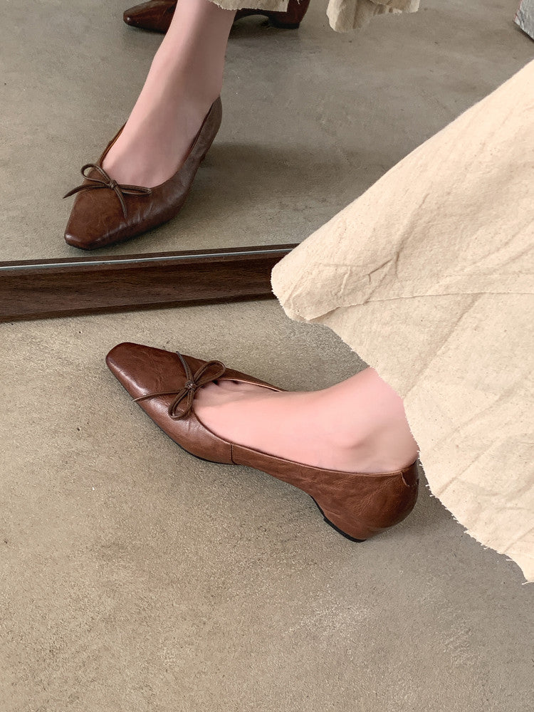 Karin Luna Full Layer Inside and Out~Basic Versatile Small Square Toe Butterfly Knot Irregular Heel Single Shoes