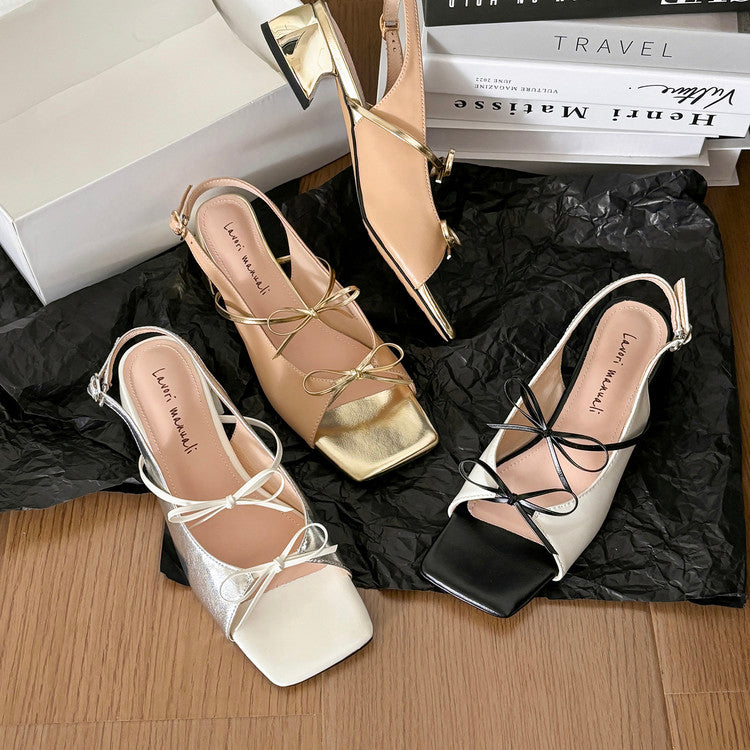 Karin Luna In Stock Spot Goods Square Toe Double Bow Thick Heel Sandals