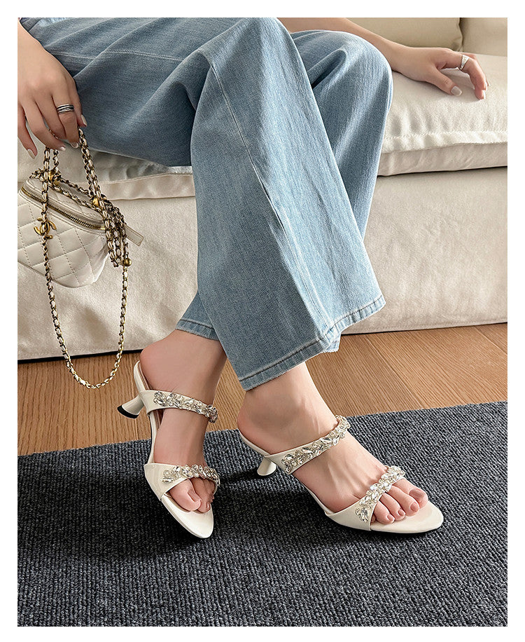 Karin Luna Exquisite Round Toe One-Strap Rhinestone Thin Heel Slippers