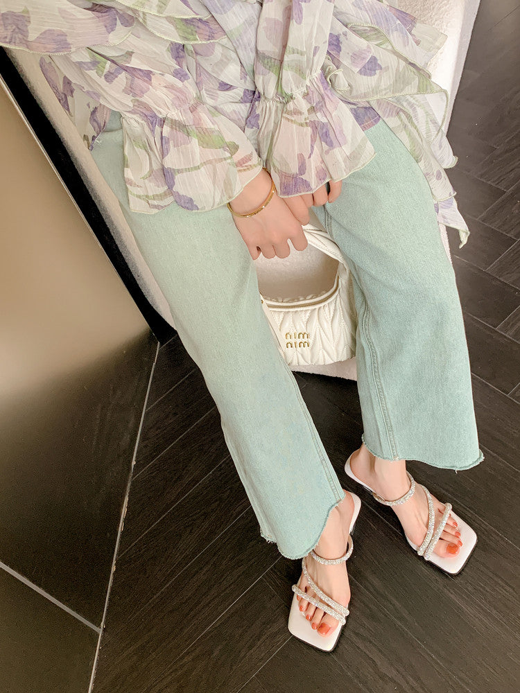 Karin Luna In Stock Spot Goods  Minimalist Versatile Square Toe Rhinestone Strap Open-Toe Sandals