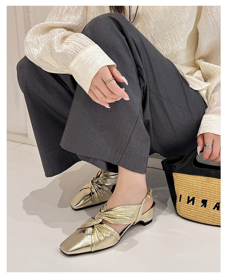 Karin Luna French Retro Wrinkled Small Square Toe Elegant Closed-Toe Sandals