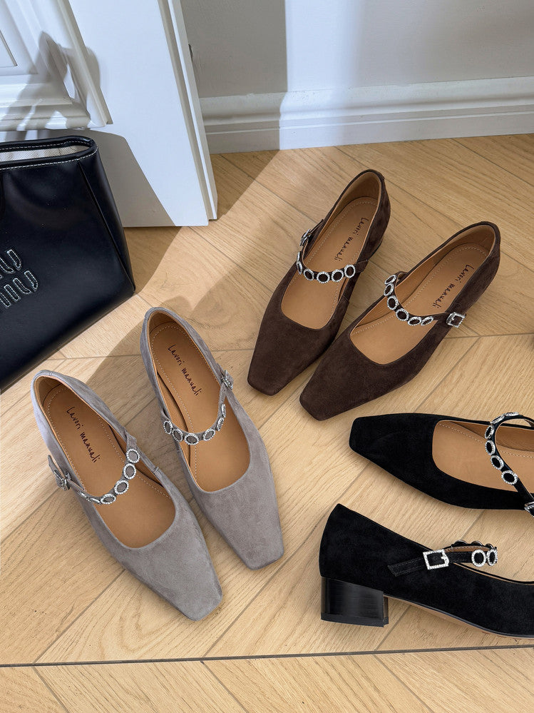 Karin Luna In Stock Spot Goods  Vintage Full Leather Square Toe Rhinestone Strap Shallow Mouth Single Shoes