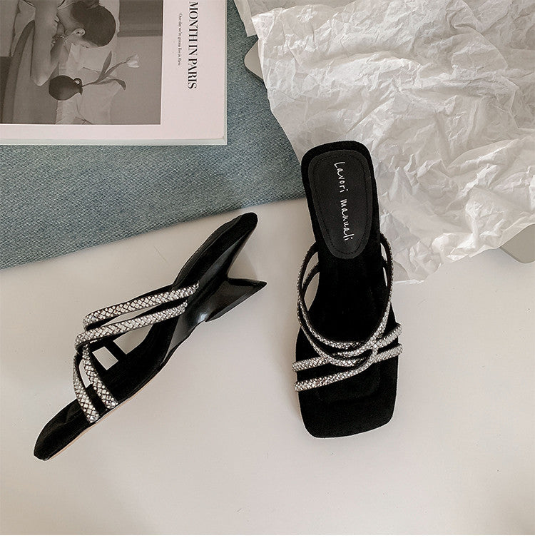 Karin Luna In Stock Spot Goods  Rhinestone Cross Strap Square Toe High Heel Slippers