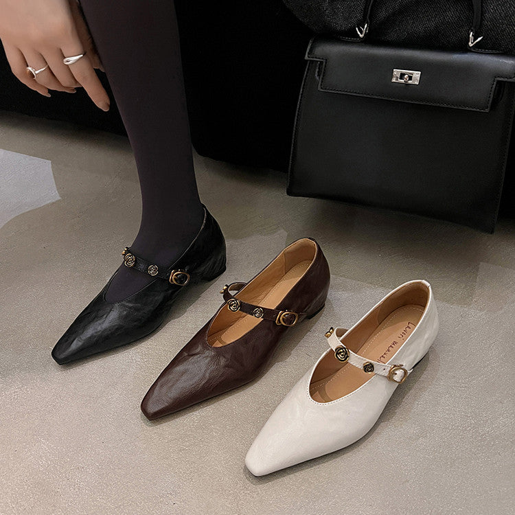 Karin Luna In Stock Spot Goods    Retro Classic Metal Camellia Irregular Heel Single Shoes