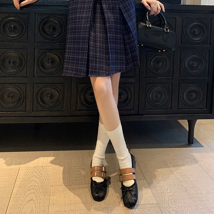Karin Luna In Stock Spot Goods Minimalist Retro Round Toe Mary Jane Bowknot Height-Increasing Flats