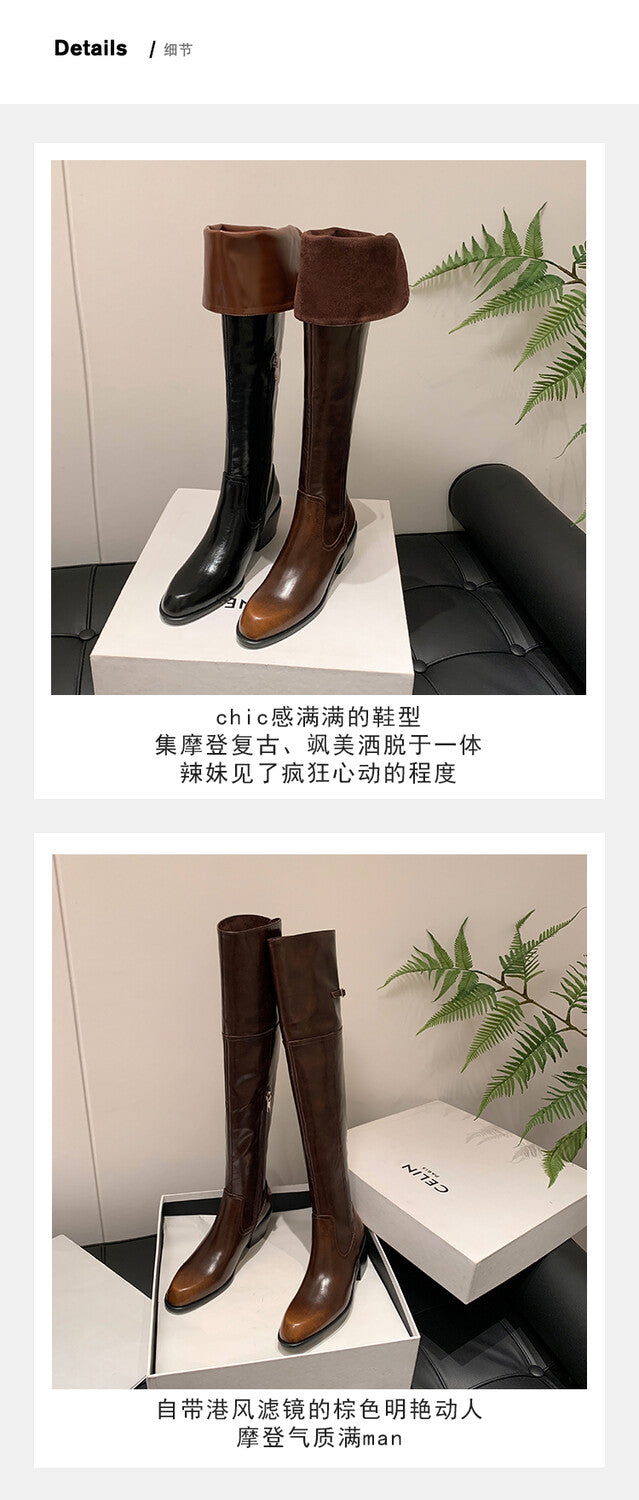 Karin Luna exploded  Three versions exploded Single Fleece Lining Fur Collar Version  Thick Fur Collar Foldable Hot-Selling Full Cowhide Pointed Toe Chunky Heel Classic Style
