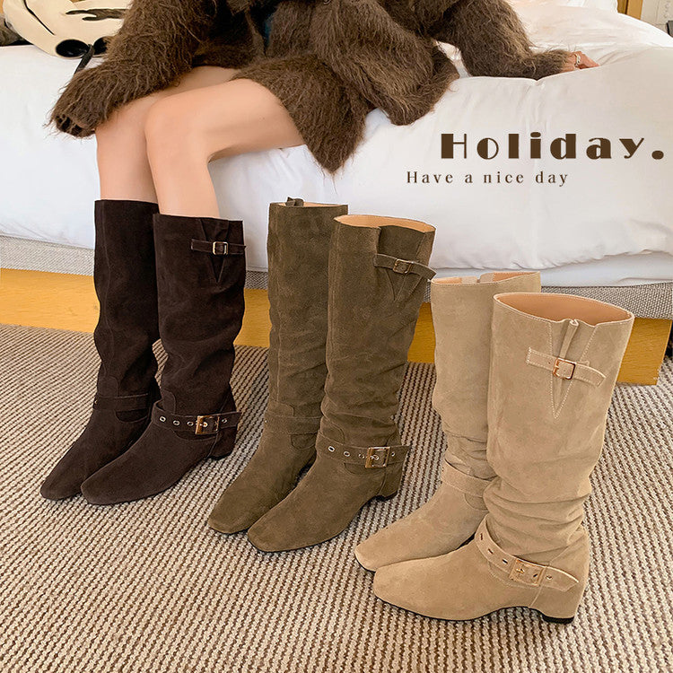 Karin Luna Data Model Belt Buckle Matte Square Toe Hidden Wedge Slouch Western Boots