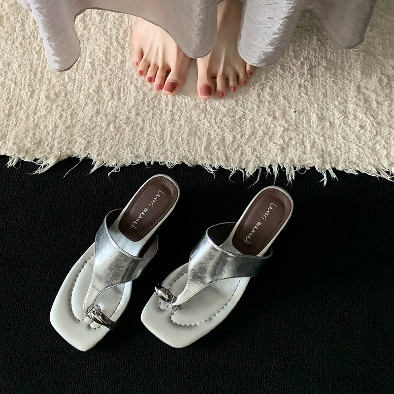 Karin Luna In Stock Spot Goods Clip-toe Square Toe Metal Buckle Minimalist Slippers