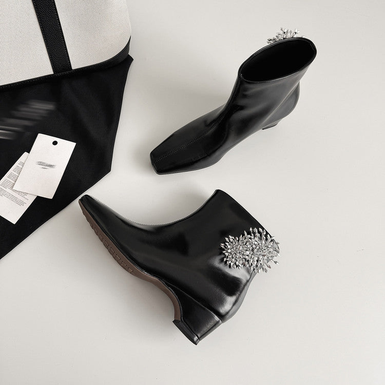 Karin Luna Elegant Style Square Toe Flower Design Height Increasing Short Boots with Two Front and Back Options