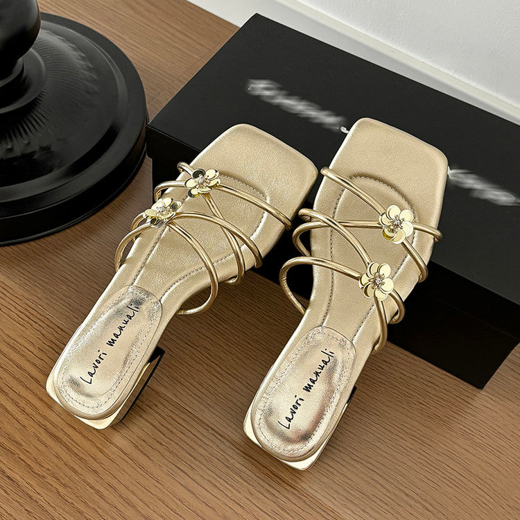 Karin Luna In Stock    Spot Goods    Square Toe One-Strap Sequin Flower Flat Slippers