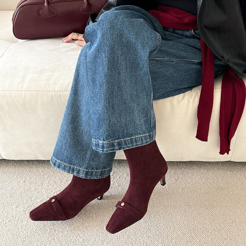 Karin Luna Elegant Style Small Square Toe Belt Buckle Thin Heel Short Boots