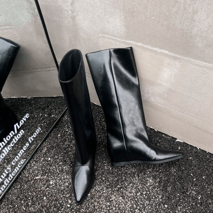 Karin Luna Elegant Style Pointed Toe Internal Height Increase Slip-On Long Boots