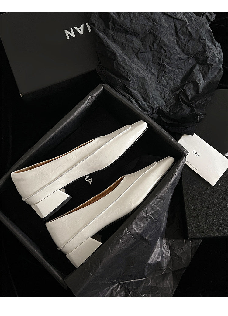Karin Luna In Stock Spot Goods  Retro Full Leather Square Toe Shallow Mouth Single Shoes