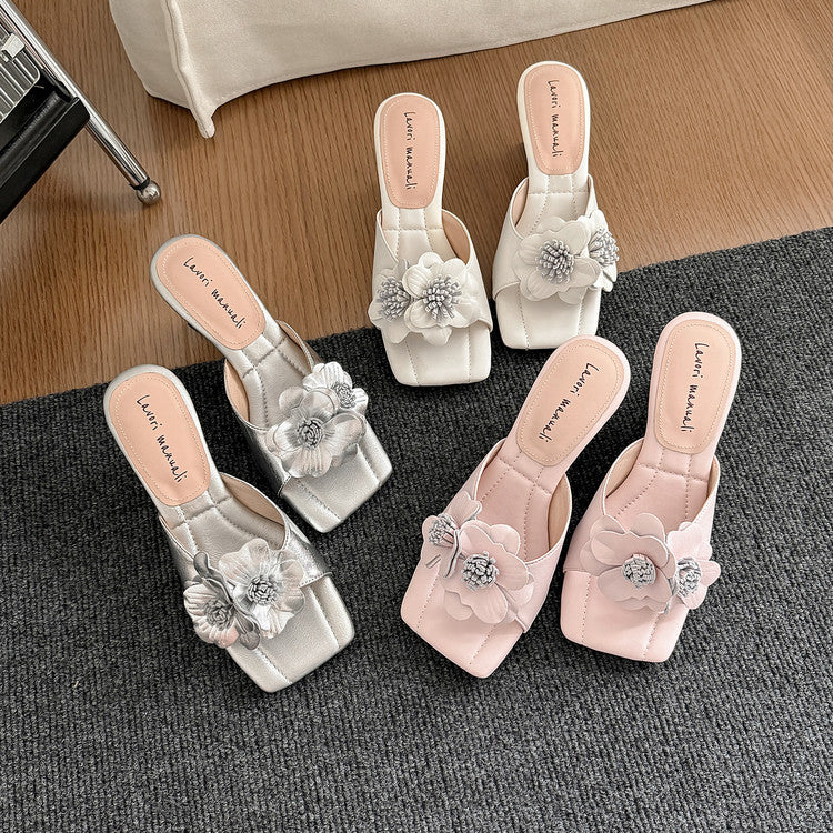 Karin Luna In Stock Spot Goods Camellia Classic style retro square toe shaped heel slippers
