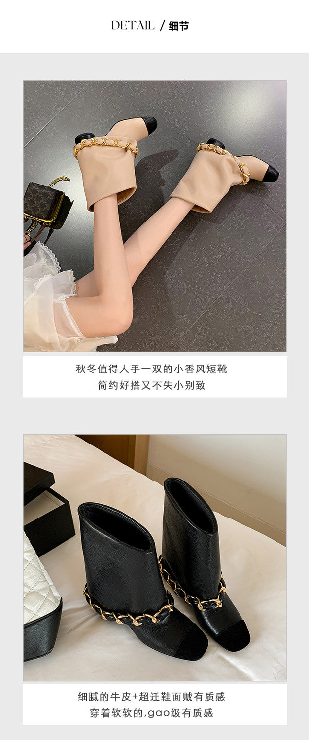 Karin Luna Classic Style Xiangjia Style Chunky Heel Chain Ankle Boots