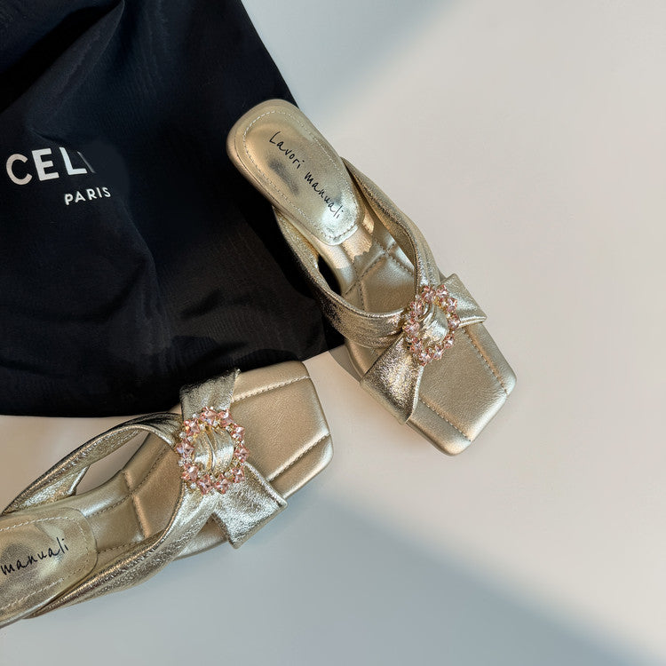 Karin Luna In Stock In Stock Elegant Square-Toe Cross-Strap Rhinestone Square-Toe Slippers