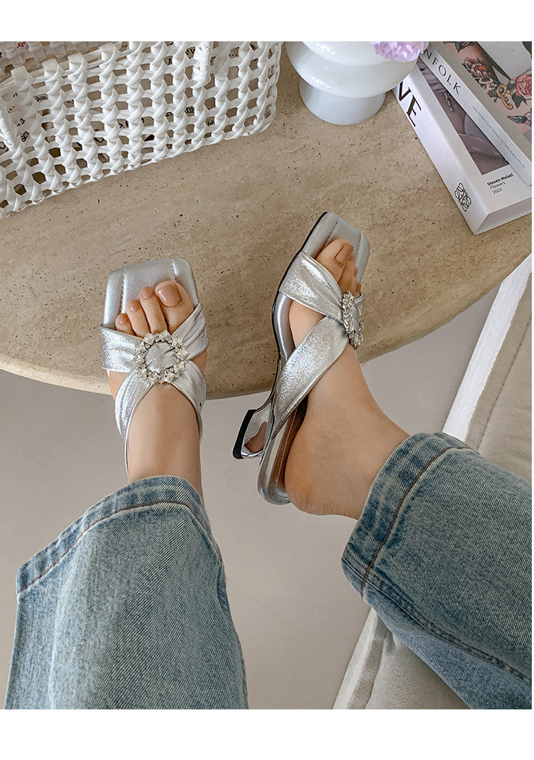 Karin Luna In Stock In Stock Elegant Square-Toe Cross-Strap Rhinestone Square-Toe Slippers