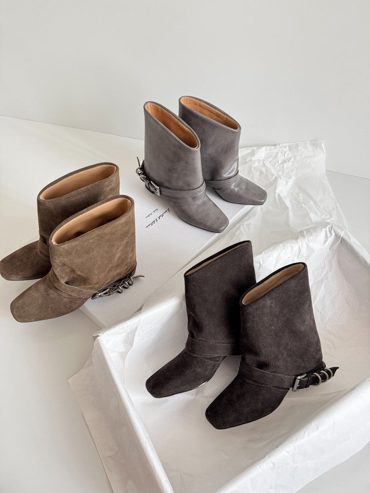 Karin Luna Data Hot Item Square Toe Hidden Wedge Belt Buckle Suede Ankle Boots