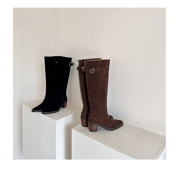 Karin Luna In Stock Spot Goods Retro Cowhide Leather Chunky Heel Suede Long Boots