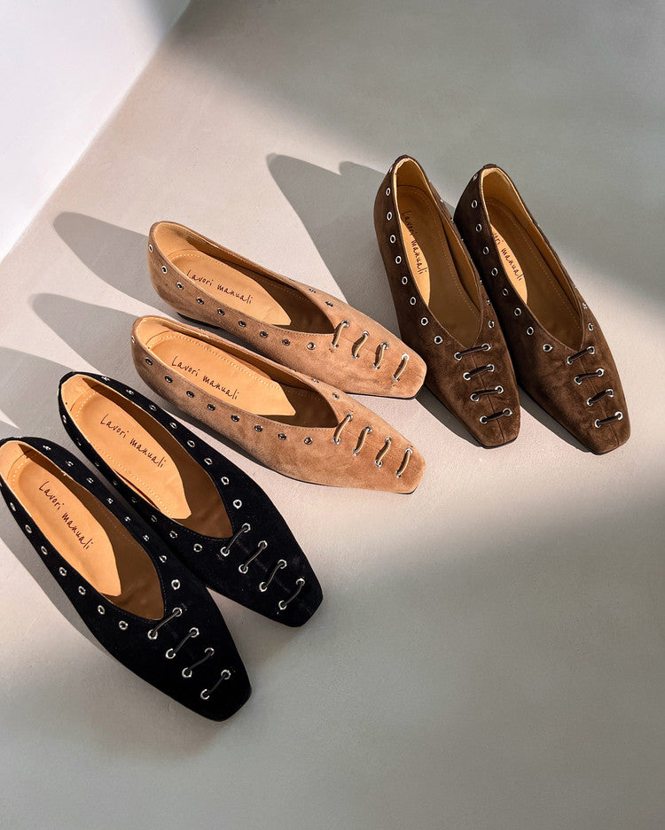 Karin Luna In Stock Spot Goods    Old Money Style Square Toe Suede Flats