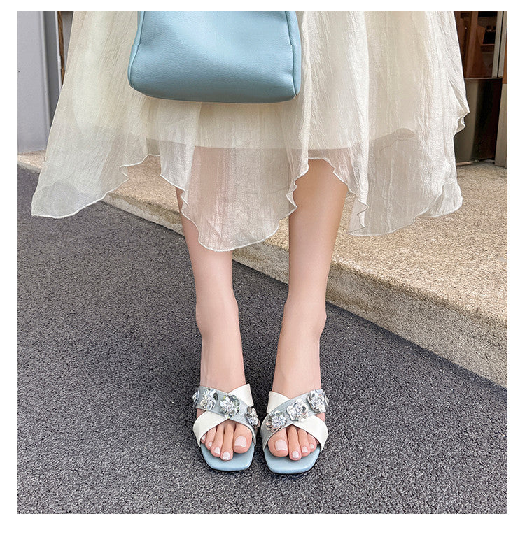 Karin Luna In Stock Spot Goods  Sequin Floral Cross Strap Square Toe Stiletto Slippers