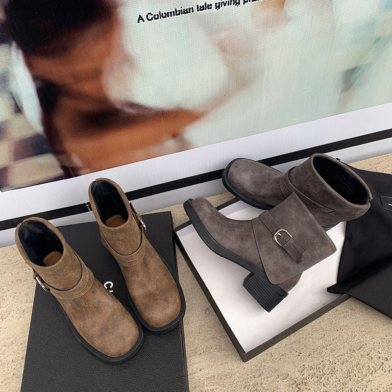 Karin Luna In Stock Spot Goods Versatile Basic Round Toe Belt Buckle Thick Sole Tube Boots