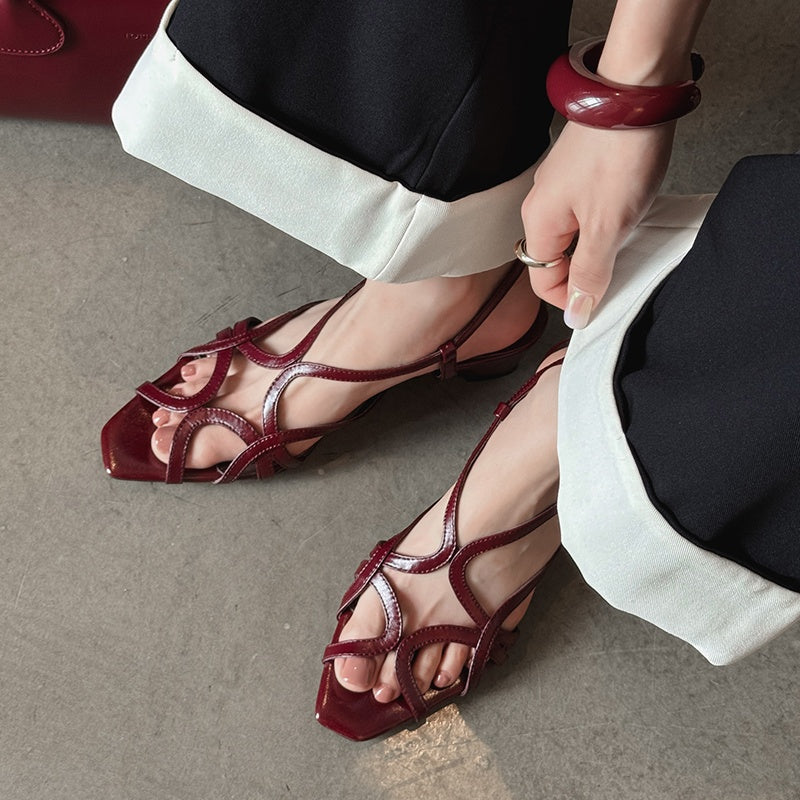 Karin Luna French Hollow Style Small Square Toe Chunky Heel Sandals
