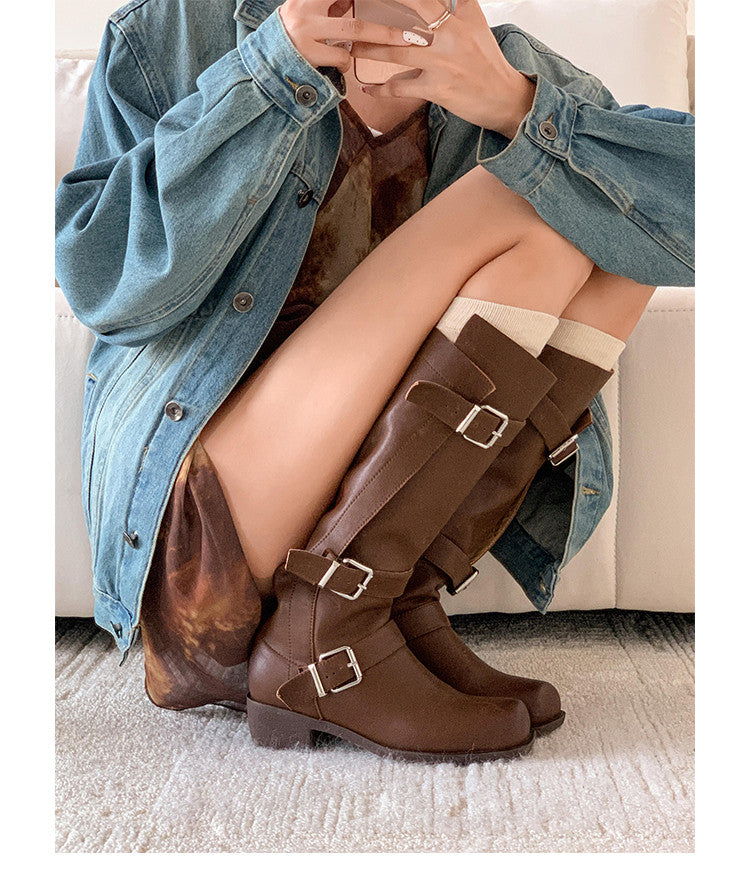 Karin Luna In Stock In Stock European and American Style Square Toe Thick Sole Belt Buckle Long Boots