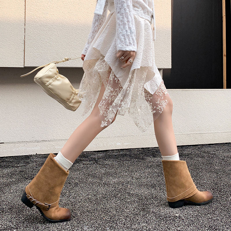 Karin Luna Elegant Style Square Toe Belt Buckle Pants Boot Short Boots