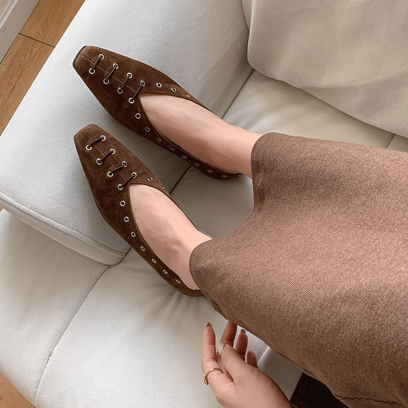Karin Luna In Stock Spot Goods    Old Money Style Square Toe Suede Flats