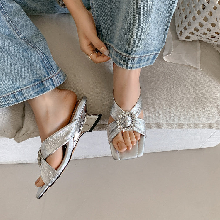 Karin Luna In Stock In Stock Elegant Square-Toe Cross-Strap Rhinestone Square-Toe Slippers