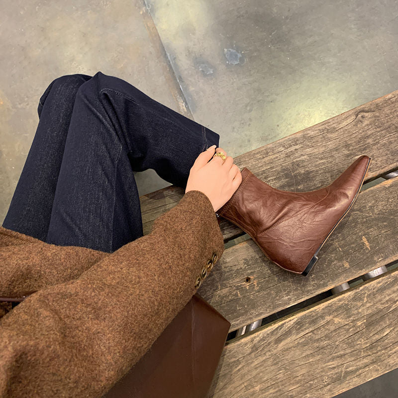 Karin Luna In Stock Spot Goods Slim Series  Hidden Wedge Small Square Toe Back Zipper Short Boots