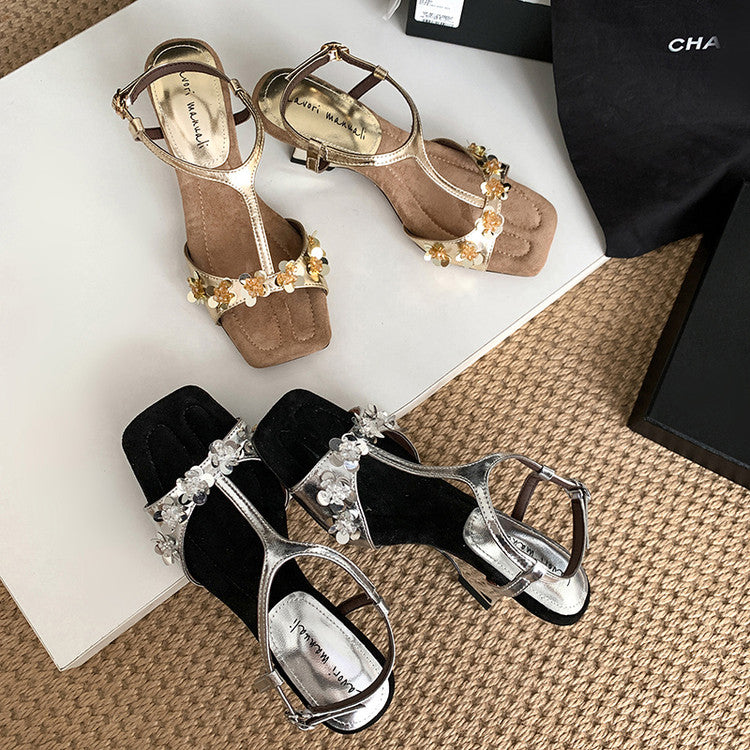Karin Luna Hot-Selling Sequin Floral Series ~  Square Toe Irregular Heel Square Toe Sandals