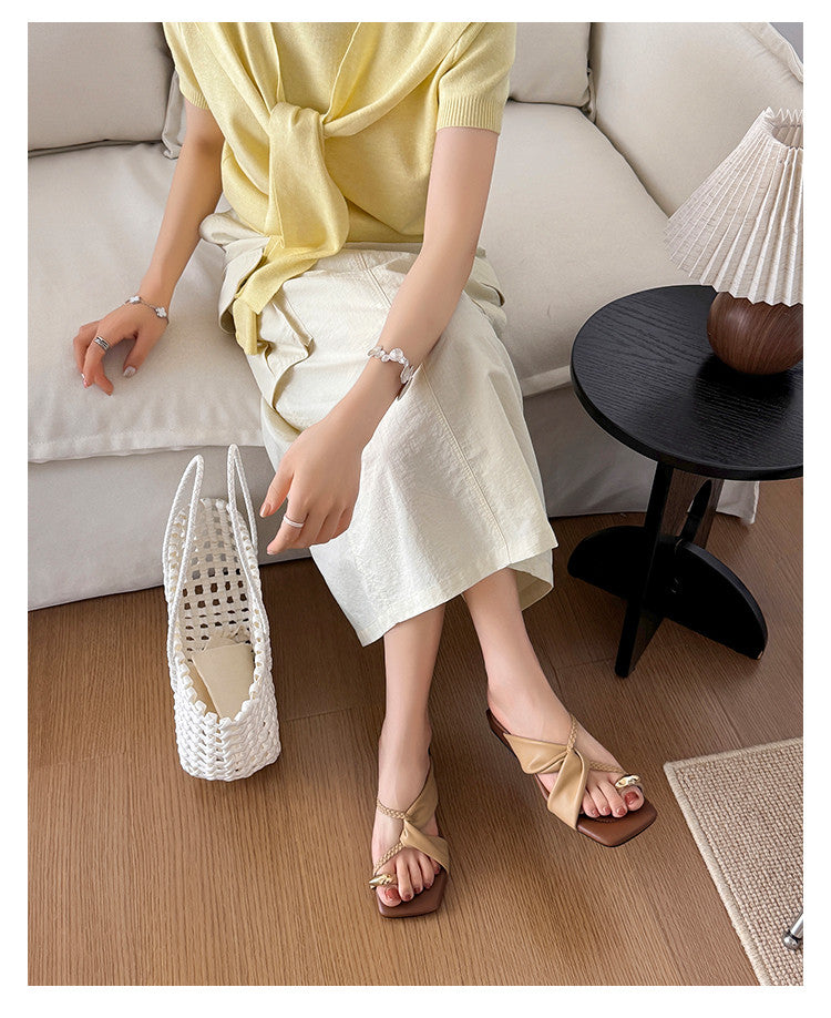 Karin Luna  Square Toe Braided Cross Thick Heel Flat Slippers