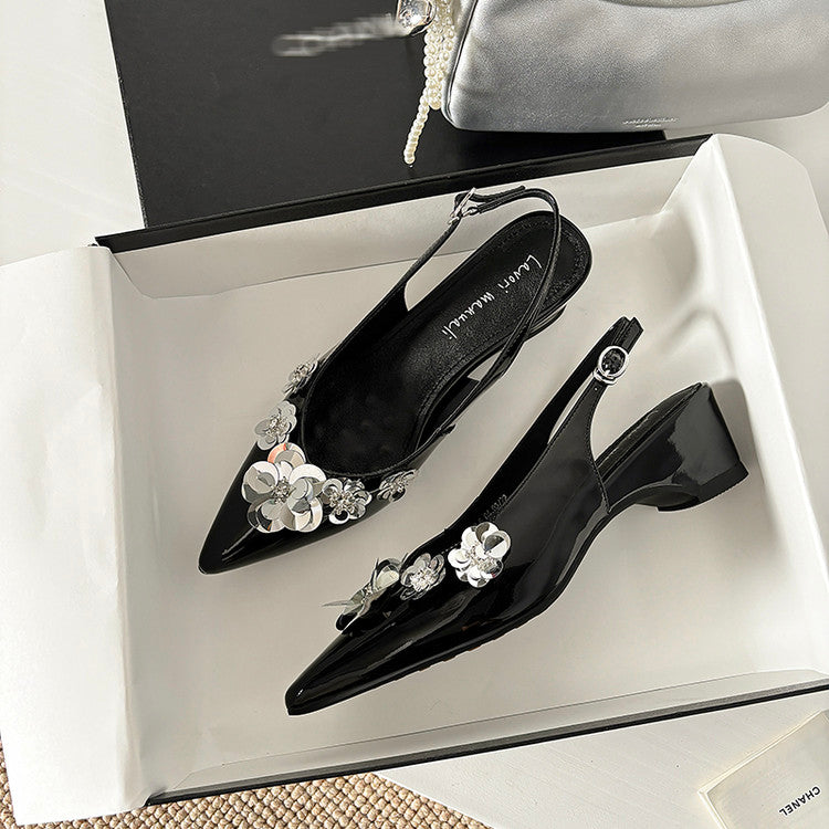 Karin Luna In Stock In Stock  Sequin Floral Pointed Toe Chunky Heel Closed-Toe Sandals