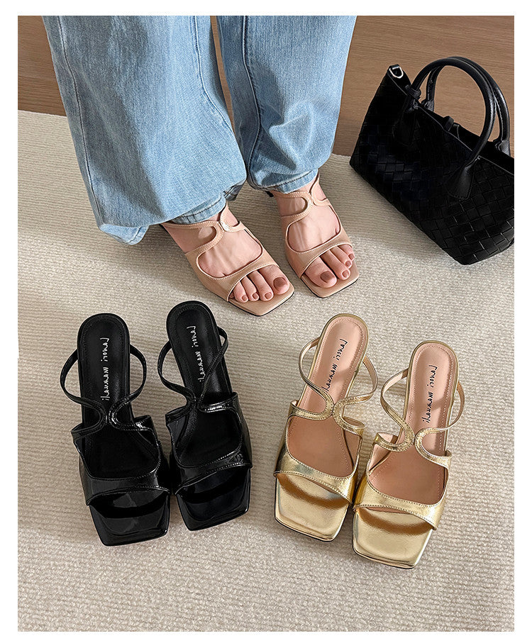Karin Luna French Retro Square Toe Wrap Strap Open-Toe Slippers