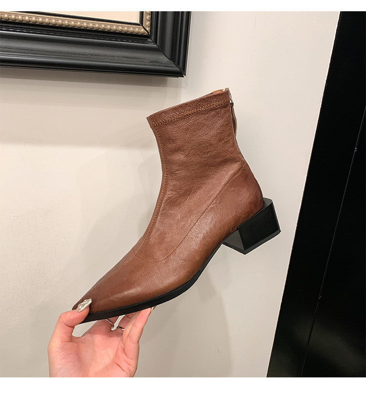 Karin Luna Elegant Style Pointed Toe Chunky Heel Short Boots