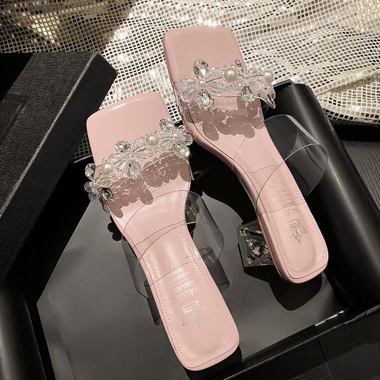 Karin Luna In Stock Spot Goods  Always in stock Square Toe Sweet Rhinestone Crystal Heel Slippers