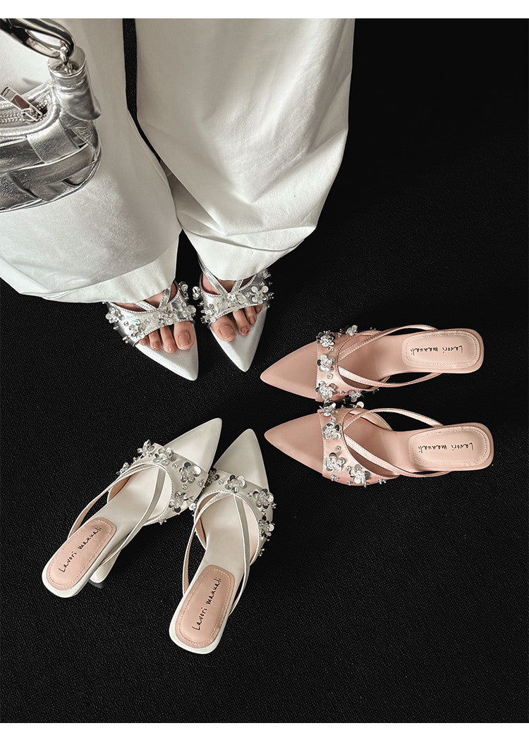 Karin Luna Bestseller Sequin Elements Elegant Pointed Toe Irregular Heel Slippers