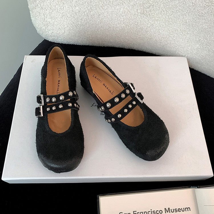Karin Luna Hot Item Hot Item Punk Style One-Strap Round-Toe Suede Leather Height-Increasing Flats