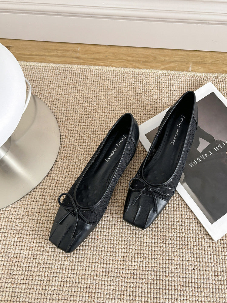 Karin Luna In Stock In Stock  Wrinkled Square Toe Patchwork Breathable Mesh Bow Granny Shoes