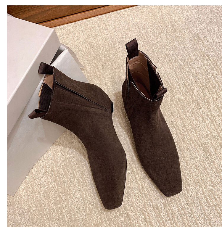 Karin Luna Classic Style Internal Height Increase Cowhide Leather Small Square Toe Short Fashion Boots