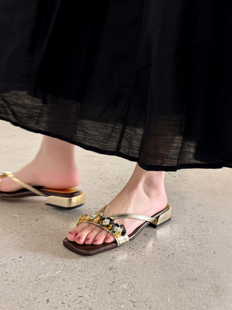 Karin Luna In Stock Spot Goods  One-Strap Sequin Floral Square-Toe Flat Slippers