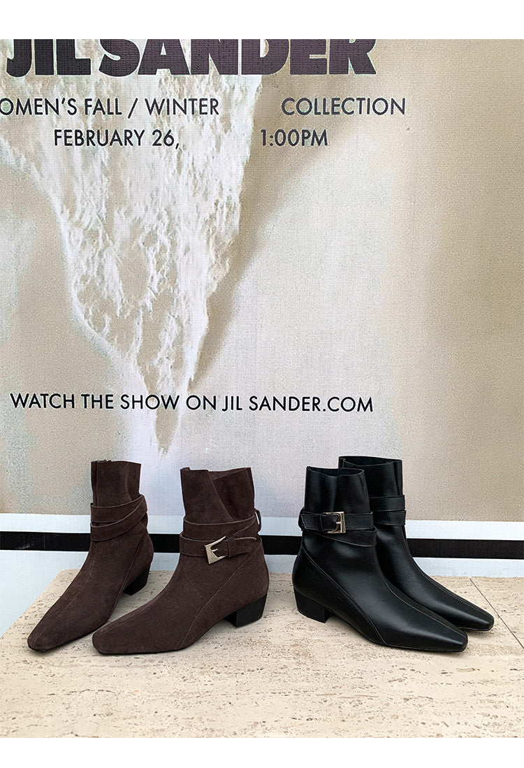 Karin Luna In Stock Spot Goods  Best-selling in stock Data Hot-Selling Small Square-Toe Chunky Heel Cowhide Leather Short Boots