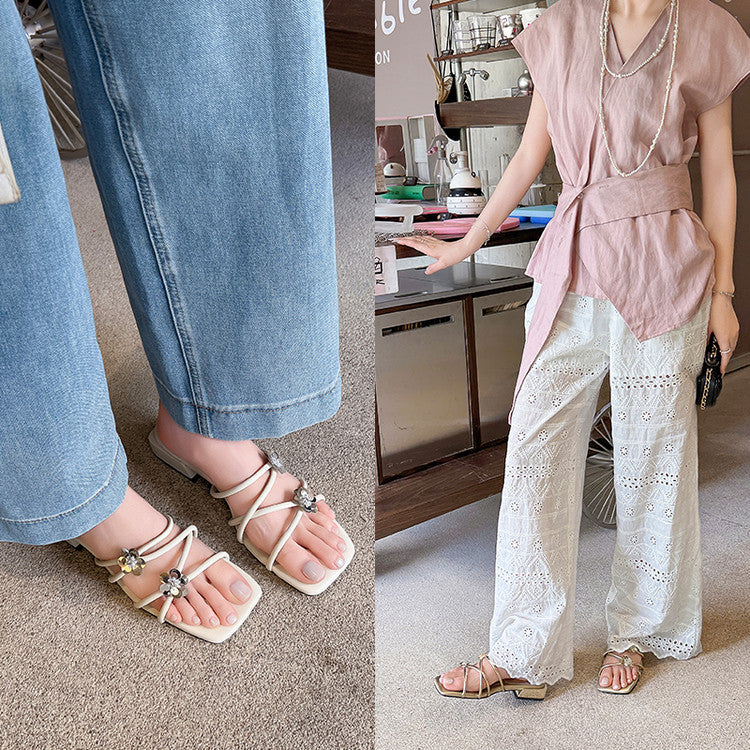 Karin Luna In Stock    Spot Goods    Square Toe One-Strap Sequin Flower Flat Slippers